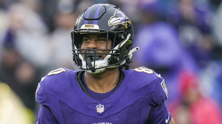 Dec 10, 2023; Baltimore, Maryland, USA;  Baltimore Ravens tight end Isaiah Likely (80) celebrates his touchdown against the Los Angeles Rams during the first quarter at M&T Bank Stadium. Mandatory Credit: Jessica Rapfogel-Imagn Images