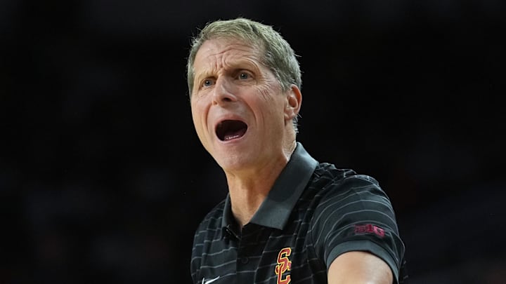 Jan 13, 2026; Los Angeles, California, USA; Southern California Trojans head coach Eric Musselman reacts against the Maryland Terrapins in the first half at Galen Center. Mandatory Credit: Kirby Lee-Imagn Images
