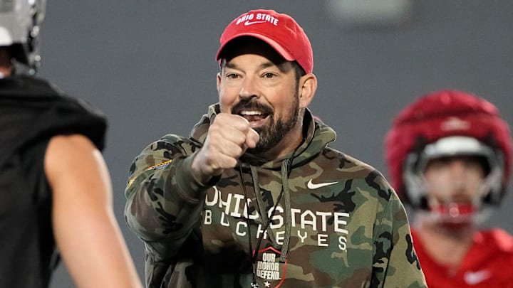 Ohio State Buckeyes head coach Ryan Day motions to quarterback Lincoln Kienholz (3) during spring football practice at the Woody Hayes Athletic Center on March 17, 2025. Ohio State Buckeyes head coach Ryan Day motions to quarterback Lincoln Kienholz (3) during spring football practice at the Woody Hayes Athletic Center on March 17, 2025.