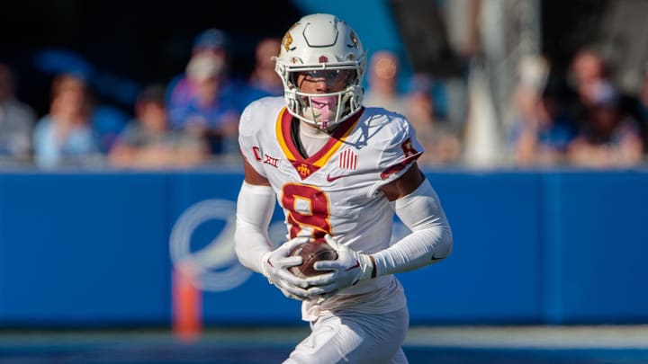 Oct 1, 2022; Lawrence, Kansas, USA; Iowa State Cyclones wide receiver Xavier Hutchinson (8) runs during the third quarter against the Kansas Jayhawks at David Booth Kansas Memorial Stadium. Mandatory Credit: William Purnell-Imagn Images