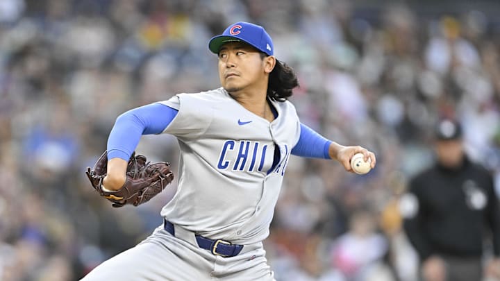 Apr 15, 2025; San Diego, California, USA; Chicago Cubs starting pitcher Shota Imanaga (18) delivers during the first inning against the San Diego Padres at Petco Park. 