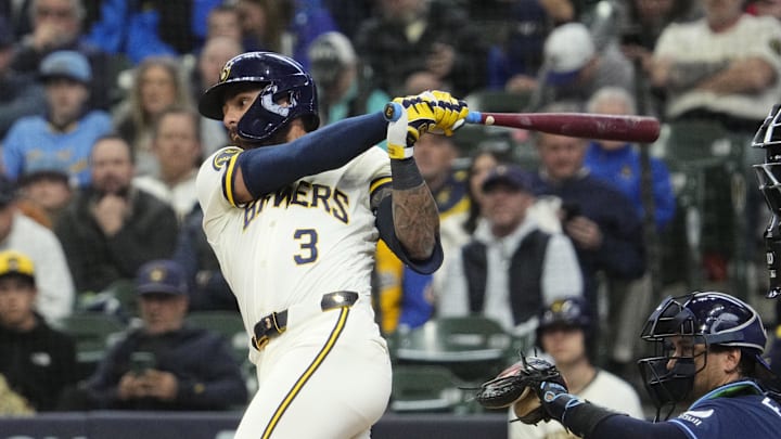 Apr 1, 2026; Milwaukee, Wisconsin, USA; Milwaukee Brewers shortstop Joey Ortiz (3) gets a base hit against the Tampa Bay Rays in the eighth inning at American Family Field. Mandatory Credit: Michael McLoone-Imagn Images