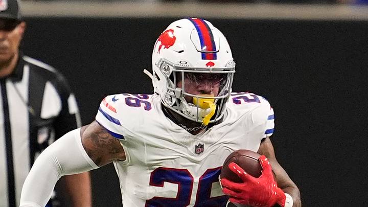 Oct 13, 2025; Atlanta, Georgia, USA; Buffalo Bills running back Ty Johnson (26) carries the against the Atlanta Falcons during the second half of a game at Mercedes-Benz Stadium. Mandatory Credit: Dale Zanine-Imagn Images