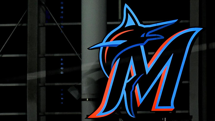 View of an illuminated Miami Marlins logo in center field.