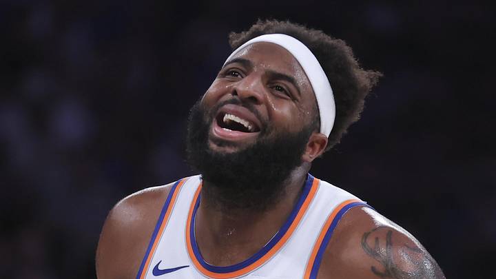 May 19, 2026; New York, New York, USA; New York Knicks center Mitchell Robinson (23) reacts to missing a free throw against the Cleveland Cavaliers during the third quarter of game one of the eastern conference finals during the 2026 NBA playoffs at Madison Square Garden. Mandatory Credit: Brad Penner-Imagn Images