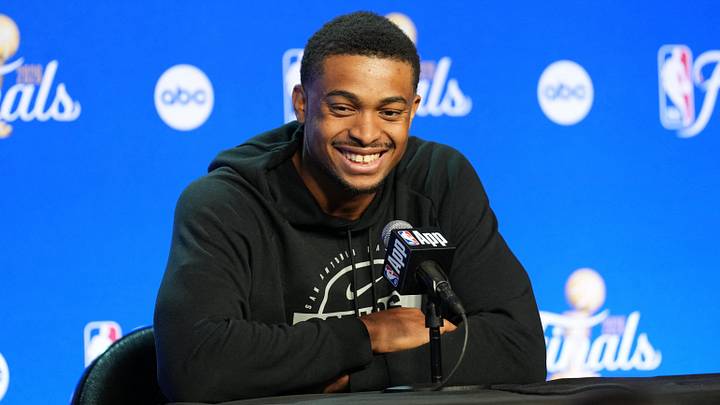 Jun 2, 2026; San Antonio, TX, USA;  San Antonio Spurs forward Keldon Johnson (3) laughs during media day for the 2026 NBA Finals at Frost Bank Center. Mandatory Credit: Daniel Dunn-Imagn Images