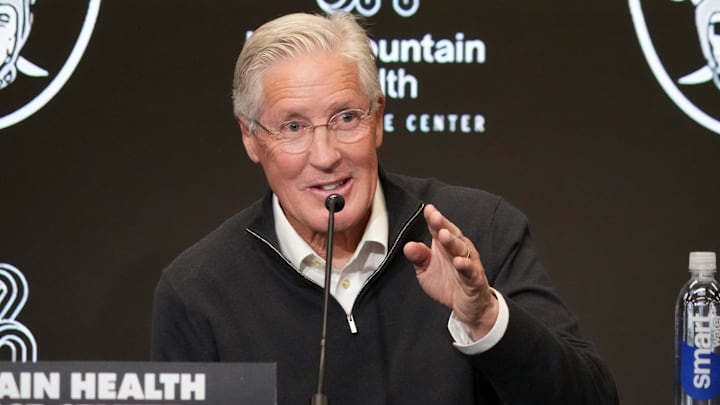 Jan 27, 2025; Las Vegas, NV, USA; Las Vegas Raiders coach Pete Carroll at press conference at Intermountain Health Performance Center. Mandatory Credit: Kirby Lee-Imagn Images
