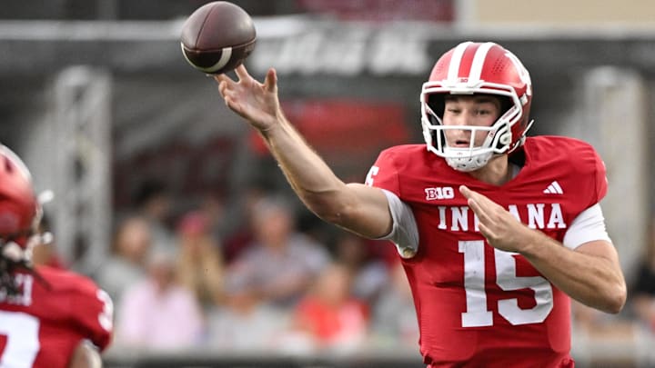 Indiana quarterback Fernando Mendoza throws a pass Oct. 18, 2025, against Michigan State at Memorial Stadium.