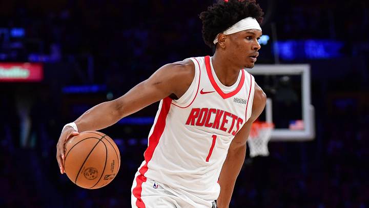 Apr 29, 2026; Los Angeles, California, USA; Houston Rockets guard Amen Thompson (1) moves the ball against the Los Angeles Lakers during the second half in game five of the first round of the 2026 NBA Playoffs at Crypto.com Arena. Mandatory Credit: Gary A. Vasquez-Imagn Images