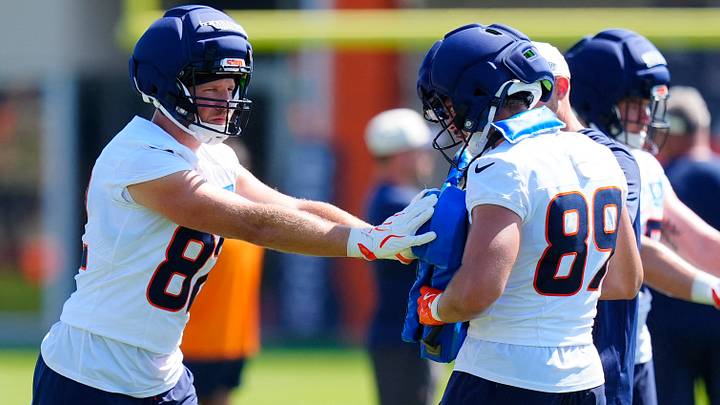 Denver Broncos tight end Adam Trautman (82) and tight end Dallen Bentley (89) during training camp at Broncos Park. Denver Broncos tight end Adam Trautman (82) and tight end Dallen Bentley (89) during training camp at Broncos Park.
