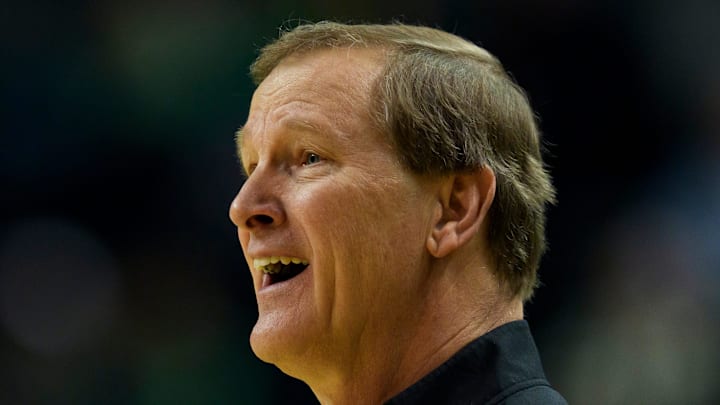 Oregon head coach Dana Altman looks on after a call as the Oregon Ducks host the UCLA Bruins on Jan. 28, 2026, at Matthew Knight Arena in Eugene, Oregon.