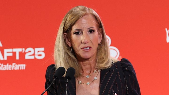 Apr 14, 2025; New York, New York, USA; WNBA commissioner Cathy Engelbert talks to the media before the 2025 WNBA Draft at The Shed at Hudson Yards. Mandatory Credit: Vincent Carchietta-Imagn Images Apr 14, 2025; New York, New York, USA; WNBA commissioner Cathy Engelbert talks to the media before the 2025 WNBA Draft at The Shed at Hudson Yards. Mandatory Credit: Vincent Carchietta-Imagn Images