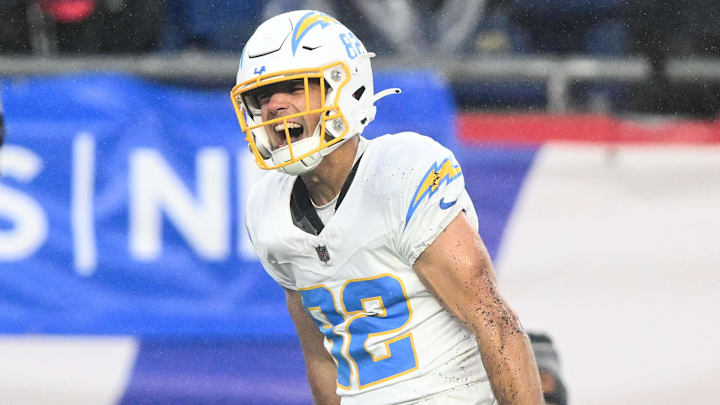 Dec 3, 2023; Foxborough, Massachusetts, USA; Los Angeles Chargers wide receiver Alex Erickson (82) reacts after making reception against the New England Patriots during the second half at Gillette Stadium. Mandatory Credit: Brian Fluharty-Imagn Images