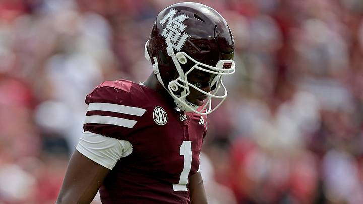 Mississippi State Bulldogs quarterback Kamario Taylor (1) reacts during the second quarter against the Alabama Crimson Tide at Davis Wade Stadium at Scott Field. 