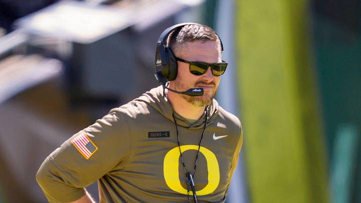 Oregon head coach Dan Lanning looks on during the Oregon Ducks annual spring game on April 25, 2026 at Autzen Stadium in Eugene, Oregon. Oregon head coach Dan Lanning looks on during the Oregon Ducks annual spring game on April 25, 2026 at Autzen Stadium in Eugene, Oregon.
