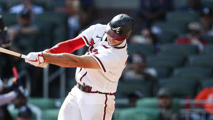 Aug 30, 2026; Cumberland, Georgia, USA;  Atlanta Braves first baseman Matt Olson (28) hits walk-off single against the Colorado Rockies during the tenth inning at Truist Park.  Mandatory Credit: Mady Mertens-Imagn Images