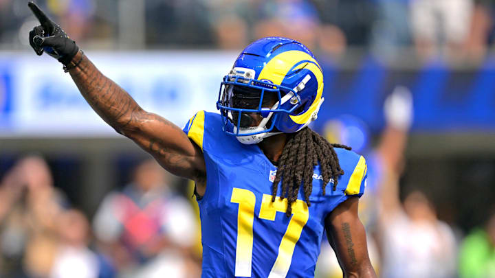 Sep 28, 2025; Inglewood, California, USA; Los Angeles Rams wide receiver Davante Adams (17) celebrates after a touchdown in the first half against the Indianapolis Colts at SoFi Stadium. Mandatory Credit: Jayne Kamin-Oncea-Imagn Images Sep 28, 2025; Inglewood, California, USA; Los Angeles Rams wide receiver Davante Adams (17) celebrates after a touchdown in the first half against the Indianapolis Colts at SoFi Stadium. Mandatory Credit: Jayne Kamin-Oncea-Imagn Images
