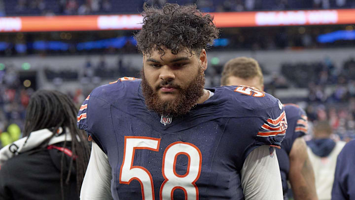 Chicago Bears offensive tackle Darnell Wright (58) after an NFL International Series game at Tottenham Hotspur Stadium.