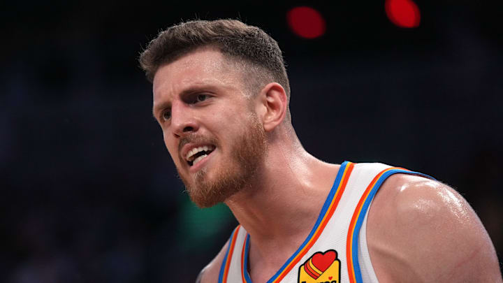 Jan 29, 2025; San Francisco, California, USA; Oklahoma City Thunder center Isaiah Hartenstein (55) reacts after play against the Golden State Warriors in the third quarter at the Chase Center. Mandatory Credit: Cary Edmondson-Imagn Images