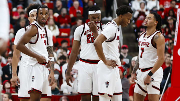 Jan 17, 2026; Raleigh, North Carolina, USA; NC State Wolfpack looks onto the Georgia Tech Yellow Jackets bench during the second half of the game against the Georgia Tech Yellow Jackets at Lenovo Center. Mandatory Credit: Jaylynn Nash-Imagn Images Jan 17, 2026; Raleigh, North Carolina, USA; NC State Wolfpack looks onto the Georgia Tech Yellow Jackets bench during the second half of the game against the Georgia Tech Yellow Jackets at Lenovo Center. Mandatory Credit: Jaylynn Nash-Imagn Images