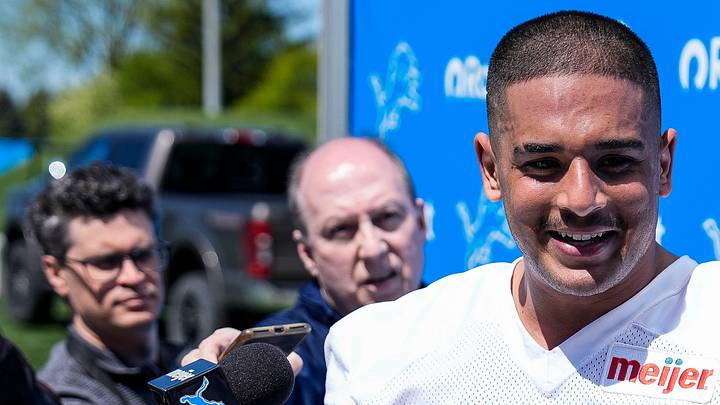 Detroit Lions defensive lineman Ahmed Hassanein (61) speaks after practice during rookie minicamp 