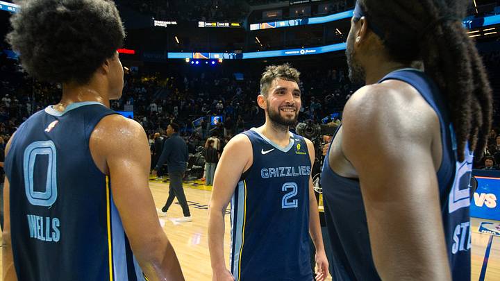 Oct 23, 2026; San Francisco, California, USA; Memphis Grizzlies guard Ty Jereome (2) celebrates his team's victory with forwards Jaylen Wells (0) and Isaiah Stewart (28) against the Golden State Warriors at Chase Center. Mandatory Credit: D. Ross Cameron-Imagn Images Oct 23, 2026; San Francisco, California, USA; Memphis Grizzlies guard Ty Jereome (2) celebrates his team's victory with forwards Jaylen Wells (0) and Isaiah Stewart (28) against the Golden State Warriors at Chase Center. Mandatory Credit: D. Ross Cameron-Imagn Images