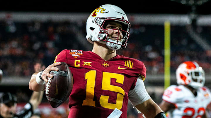 Iowa State quarterback Brock Purdy (15) reacts after getting forced out of bounds on a run during a NCAA college football game in the Cheez-It Bowl against Clemson, Wednesday, Dec. 29, 2021, at Camping World Stadium in Orlando, Fla.