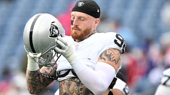 Sep 7, 2025; Foxborough, Massachusetts, USA; Las Vegas Raiders defensive end Maxx Crosby (98) practices before the game against the New England Patriots at Gillette Stadium. Mandatory Credit: Brian Fluharty-Imagn Images