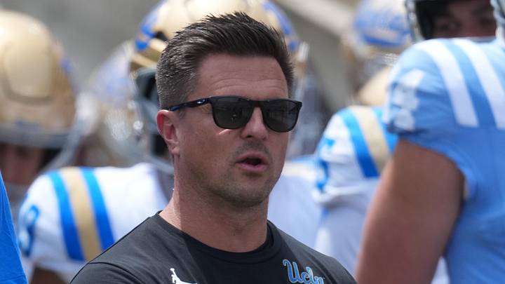 May 2, 2026; Pasadena, CA, USA; UCLA Bruins coach Bob Chesney (left) and son Bob Chesney watch during the spring game at Rose Bowl. Mandatory Credit: Kirby Lee-Imagn Images May 2, 2026; Pasadena, CA, USA; UCLA Bruins coach Bob Chesney (left) and son Bob Chesney watch during the spring game at Rose Bowl. Mandatory Credit: Kirby Lee-Imagn Images