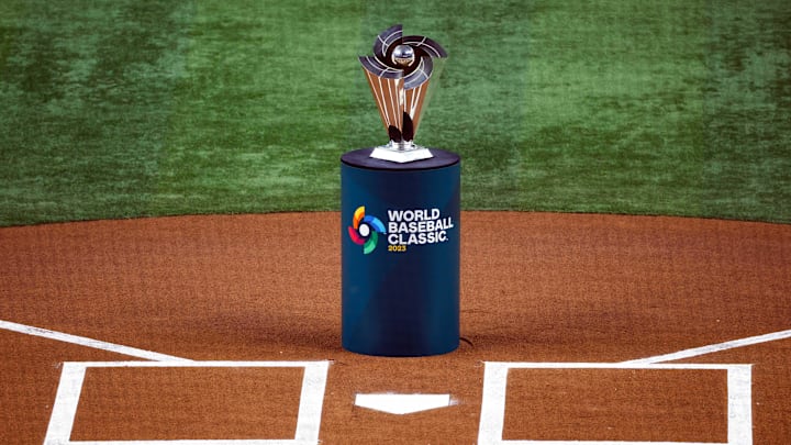 Mar 21, 2023; Miami, Florida, USA; The World Baseball Classic trophy waits to be presented after Japan defeated the USA in the World Baseball Classic at LoanDepot Park. Mandatory Credit: Rhona Wise-Imagn Images