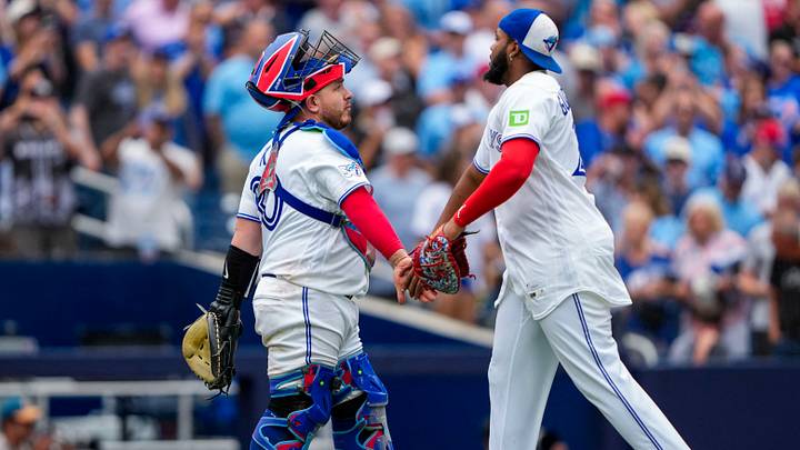 Toronto Blue Jays catcher Alejandro Kirk celebrates with first baseman Vladimir Guerrero Jr. Credit: Kevin Sousa-Imagn Images Toronto Blue Jays catcher Alejandro Kirk celebrates with first baseman Vladimir Guerrero Jr. Credit: Kevin Sousa-Imagn Images