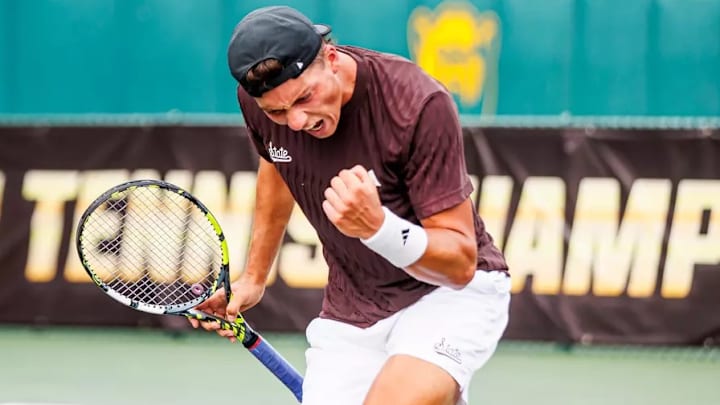 Mississippi State's Benito Sanchez Martinez during the match between the Mississippi State Bulldogs and the Stanford Cardinal at the Hurd Tennis Center in Waco, TX. Mississippi State's Benito Sanchez Martinez during the match between the Mississippi State Bulldogs and the Stanford Cardinal at the Hurd Tennis Center in Waco, TX.