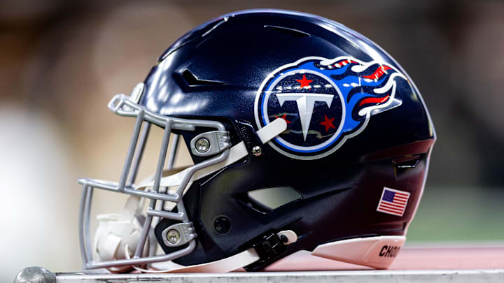 Aug 25, 2024; New Orleans, Louisiana, USA;  Detailed view of the Tennessee Titans helmet against the New Orleans Saints during the first half at Caesars Superdome. Mandatory Credit: Stephen Lew-Imagn Images