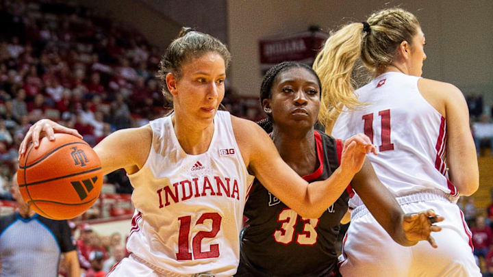 Indiana's Yarden Garzon (12) drives against Brown at Simon Skjodt Assembly Hall.