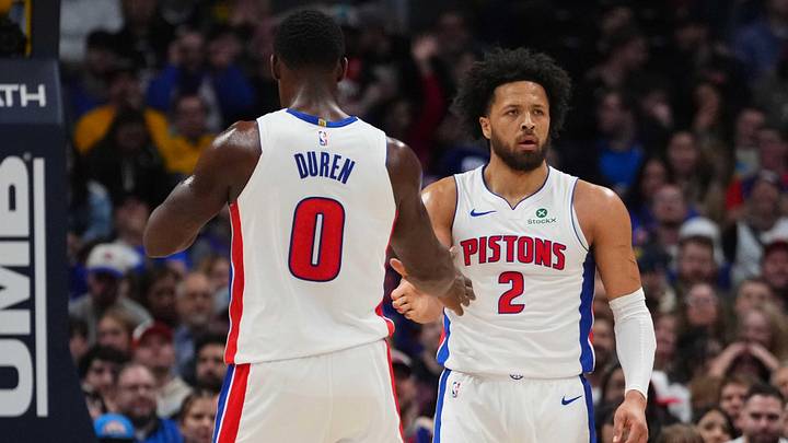 Jan 27, 2026; Denver, Colorado, USA; Detroit Pistons guard Cade Cunningham (2) and center Jalen Duren (0) react to a foul called in the first quarter against the Denver Nuggets at Ball Arena. Mandatory Credit: Ron Chenoy-Imagn Images