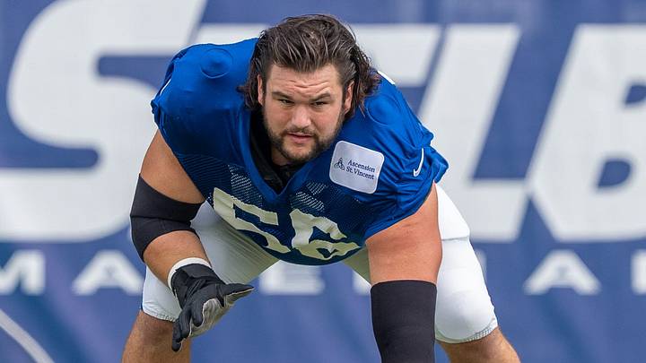 Indianapolis Colts guard Quenton Nelson (56) warms up Wednesday, Aug. 19, 2026, ahead of a joint practice with the Atlanta Falcons at Grand Park in Westfield. Indianapolis Colts guard Quenton Nelson (56) warms up Wednesday, Aug. 19, 2026, ahead of a joint practice with the Atlanta Falcons at Grand Park in Westfield.