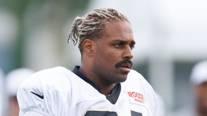 Jul 30, 2025; New Orleans, LA, USA;  New Orleans Saints defensive end Cameron Jordan (94) during training camp at Ochsner Sports Performance Center. Mandatory Credit: Stephen Lew-Imagn Images