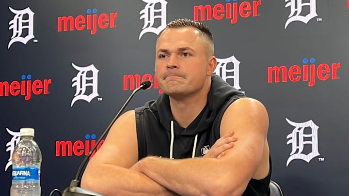 Detroit Tigers left-hander Tarik Skubal talks to reporters before a game against the Boston Red Sox on May 4, 2026, at Comerica Park in Detroit, Michigan.