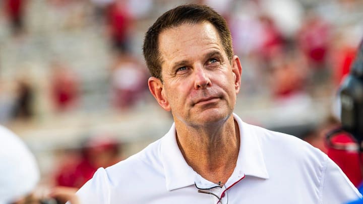 Indiana coach Curt Cignetti glances at the scoreboard Saturday, Aug. 31, 2024, at Memorial Stadium in Bloomington.