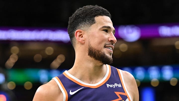 Mar 16, 2026; Boston, Massachusetts, USA; Phoenix Suns guard Devin Booker (1) reacts after a game against the Boston Celtics during the second half at the TD Garden. Mandatory Credit: Brian Fluharty-Imagn Images