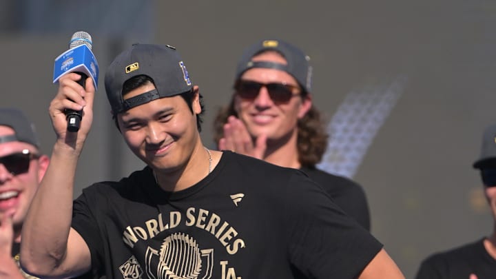 Los Angeles Dodgers designated hitter Shohei Ohtani (17) during the World Series celebration at Dodger Stadium on Nov. 3, 2025.