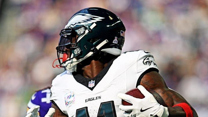 Oct 19, 2025; Minneapolis, Minnesota, USA; Philadelphia Eagles wide receiver A.J. Brown (11) makes a catch during the first half against the Minnesota Vikings at U.S. Bank Stadium.  
