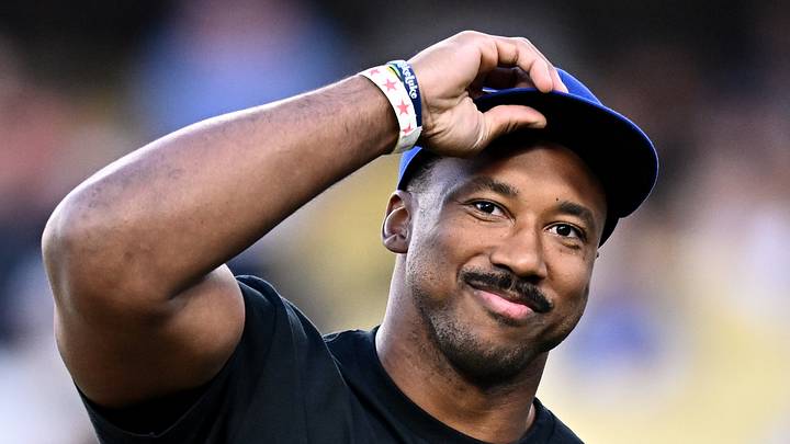 Los Angeles Rams defensive end Myles Garrett looks on before a Los Angeles Dodgers game Los Angeles Rams defensive end Myles Garrett looks on before a Los Angeles Dodgers game