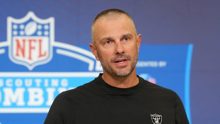 Feb 24, 2026; Indianapolis, IN, USA; Las Vegas Raiders general manager John Spytek speaks at the NFL Scouting Combine at the Indiana Convention Center. Mandatory Credit: Kirby Lee-Imagn Images