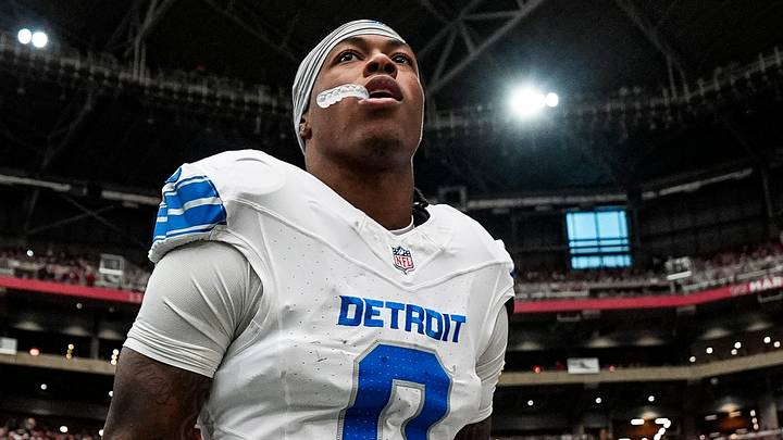 Detroit Lions running back Jahmyr Gibbs (0) runs onto the field for the first half against Arizona Cardinals Detroit Lions running back Jahmyr Gibbs (0) runs onto the field for the first half against Arizona Cardinals