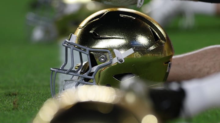 Jan 9, 2025; Miami, FL, USA; General view of Notre Dame Fighting Irish helmets before the game against the Penn State Nittany Lions in the Orange Bowl at Hard Rock Stadium. 