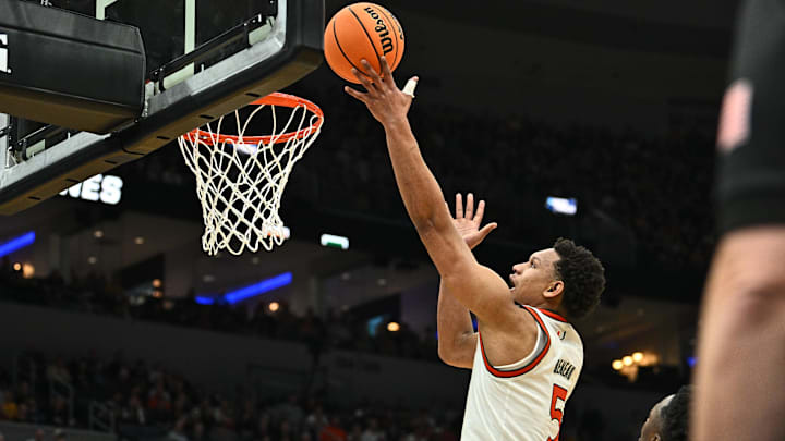 Mar 20, 2026; St. Louis, MO, USA; Miami (FL) Hurricanes forward Malik Reneau (5) shoots for the basket during the second half against the Missouri Tigers during a first round game of the men's 2026 NCAA Tournament at Enterprise Center. Mandatory Credit: Jeff Le-Imagn Images Mar 20, 2026; St. Louis, MO, USA; Miami (FL) Hurricanes forward Malik Reneau (5) shoots for the basket during the second half against the Missouri Tigers during a first round game of the men's 2026 NCAA Tournament at Enterprise Center. Mandatory Credit: Jeff Le-Imagn Images