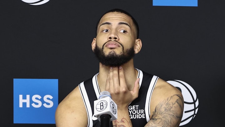 Sep 30, 2024; Brooklyn, NY, USA; Brooklyn Nets guards Amari Bailey (19, Killian Hayes (4), and forward Tyrese Martin (13) during media day at Brooklyn Nets Media Day at HSS Training Center. Mandatory Credit: Wendell Cruz-Imagn Images Sep 30, 2024; Brooklyn, NY, USA; Brooklyn Nets guards Amari Bailey (19, Killian Hayes (4), and forward Tyrese Martin (13) during media day at Brooklyn Nets Media Day at HSS Training Center. Mandatory Credit: Wendell Cruz-Imagn Images