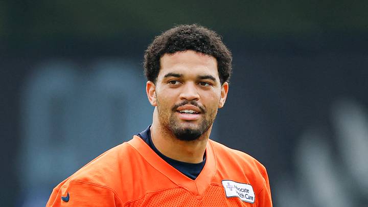 Aug 5, 2026; Lake Forest, IL, USA; Chicago Bears quarterback Caleb Williams (18) stands on the field during training camp at Halas Hall. Mandatory Credit: Kamil Krzaczynski-Imagn Images