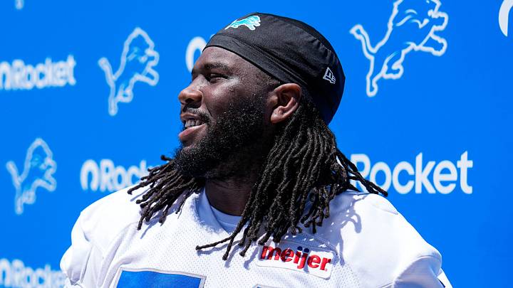 Detroit Lions defensive tackle Alim McNeill (54) speaks to media after practice during OTAs at Meijer Performance Center in Allen Park on Friday, May 29, 2026.